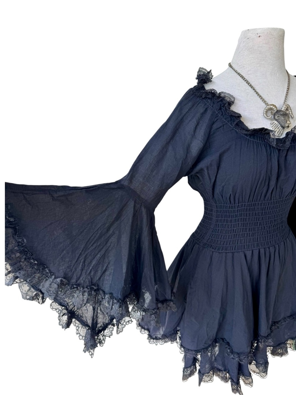 Pyramid Collection Black Asymmetrical Dress Sz S Bell Sleeve Goth Witch Vamp - Picture 5 of 8